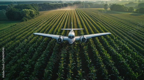 Aerial view of a propeller plane, flying low, spraying agricultural fertilizer Above the lush corn fields