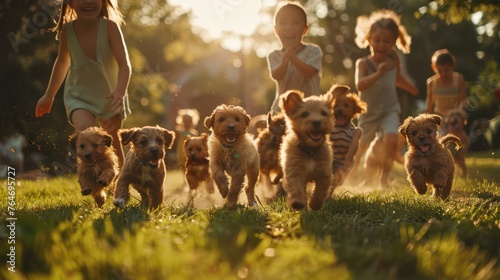 Group of laughing children playing fetch with adorable puppies in a park