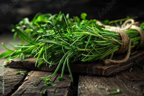 Bunch of fresh green herbs tarragon rosemary and parsley on rustic wooden table