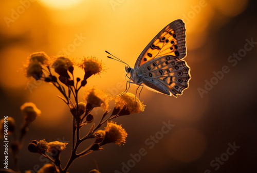 Butterfly on flower in the rays of the rising sun