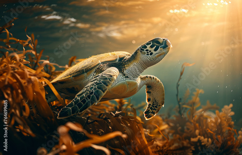 Green sea turtle swims through kelp forest at sunrise.