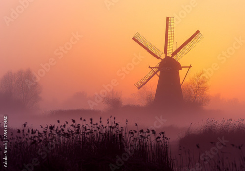 Windmill in foggy spring sunrise. Colorful landscape with old windmill in polder landscape