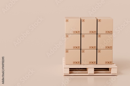 3d Stack of cardboard boxes on wooden pallet icon. Transportation cargo concept. logistic and Warehouse concept. Cartoon Wooden pallet. Isolated on transparent brown background. 3d render illustration