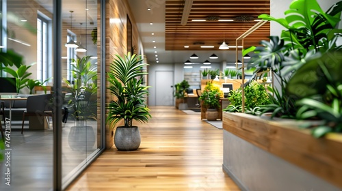 Green biophilic design of workplace office for business work.