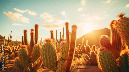 Close-up of different cacti against a desert background. Sweltering heat. Desert landscape. Generative AI