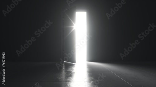 A concept image of an open door emitting a bright light in a dark room, symbolizing hope, opportunity, or discovery.