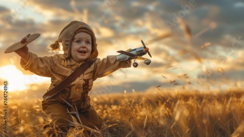 A young boy is standing in a vast field, holding a toy airplane in his hand. He looks excited and focused as he imagines flying the toy through the open space around him.