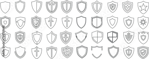 Shield collection, diverse security symbols. Protection emblems, safety badges, logo designs. Unique insignia styles, ideal for branding. Guard, defense, safeguarding icons