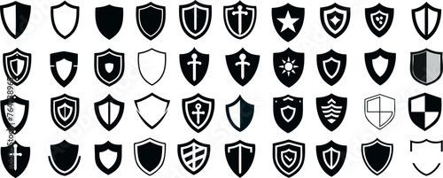 Black heraldic shields, emblematic symbols, logo design, branding, silhouette, knightly, armorial, blazon, escutcheon, safeguard, protection, security, medieval, honor, coat of arms, military, warrior