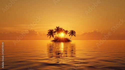 An image capturing a small island surrounded by water with the sun setting in the background, creating a peaceful and serene atmosphere.