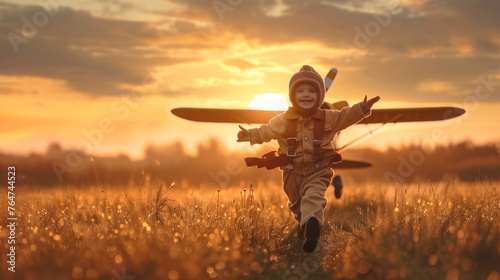A young boy is energetically running through a grassy field, holding a toy airplane in his hand. He is smiling with excitement as he imagines flying his toy aircraft through the open space.