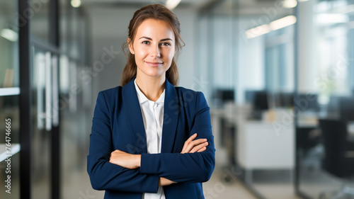 Young business woman in suit looking at camera in office.