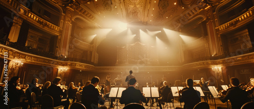 Symphony orchestra in mid-performance, captured in a majestic concert hall.