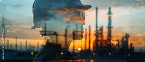Industrial silhouette of a worker against a refinery backdrop, reflecting on the energy sector's grit.