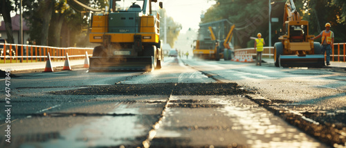 Road construction crew hard at work on a fresh asphalt surface under a golden sunrise.