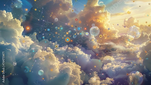 Internet social network icons. Fluffy white clouds and bubbles peacefully floating in a clear blue sky. The scene is whimsical and dreamlike, creating a sense of lightness and wonder.