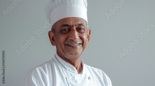 A happy Indian chef wearing a toque is shown against a grey background in a cooking-related