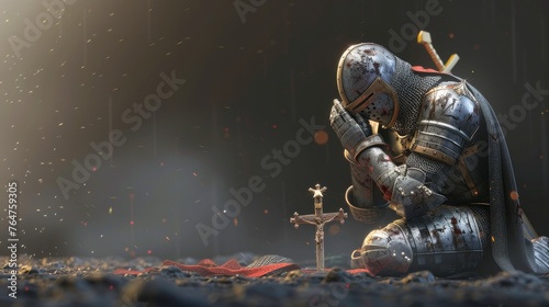 A noble digital knight kneeling in prayer