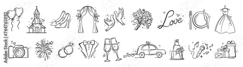 Hand Drawn Marriage Icons Set. Wedding elements collection. Wedding, bride, love, celebration. Timeline menu on wedding theme. Vector wedding illustrations for invitations, greeting cards, posters