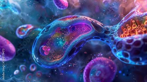 Artistic rendition of a cells interior, highlighting the endoplasmic reticulum, mitochondria, and vacuoles with a fluorescent palette