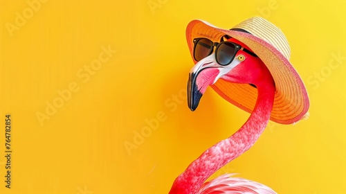 Stylish flamingo sporting sunglasses and a sun hat, striking a pose on a vibrant yellow background, essence of summer chic