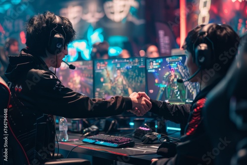 Two esports competitors shake hands over their gaming desks in an act of sportsmanship and respect before or after a match