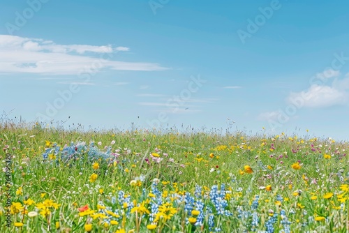 Abundant wildflowers cover rolling meadow under vibrant blue sky, creating picturesque scene