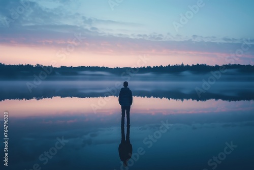 A person stands by the edge of a calm lake, reflecting on the still water with the sky above