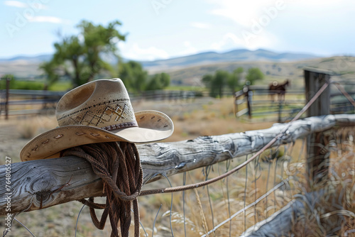 American West Rodeo, Cowboy Hat and Lasso on a Fence