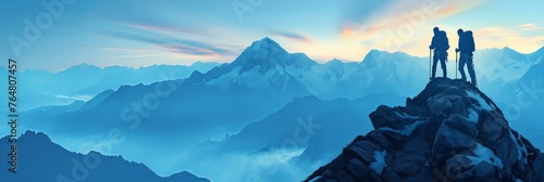 Two people are standing on a mountain top, looking out over the landscape. The sky is blue and the mountains are covered in snow, AI generative