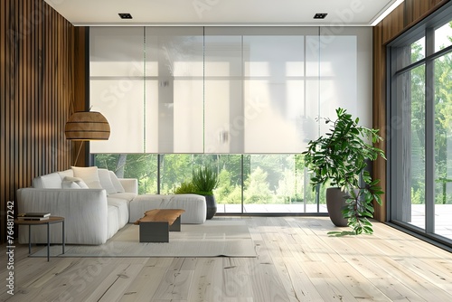 Contemporary interior with automatic roller shades wooden wall panels green plants in modern pots and electric curtains. Concept Modern Interior Design, Automatic Roller Shades, Wooden Wall Panels