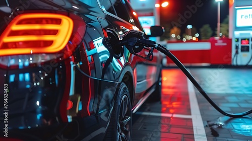 Efficient Modern Automobile Being Refueled with High-Quality Gasoline at a State-of-the-Art Gas Station, Embracing Sustainable Energy Practices and Technological Advancements
