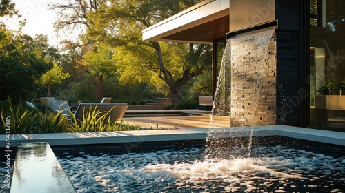 Confetti gently falls, creating a dynamic composition around a contemporary pool, evoking a sense of luxury.