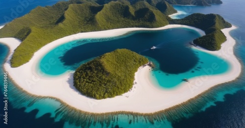 This aerial image showcases a stunning island oasis with boats anchored in the tranquil blue lagoon, surrounded by vibrant coral reefs. The island's white beaches embrace the lush green center. AI