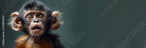 A monkey with a big nose and big ears is staring at the camera. The image has a playful and curious mood. funny animal. funny animals card. a positive mood