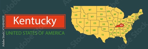 Banner, highlighting the boundaries of the state of Kentucky on the map of the United States of America. Vector map borders of the USA Kentucky state.