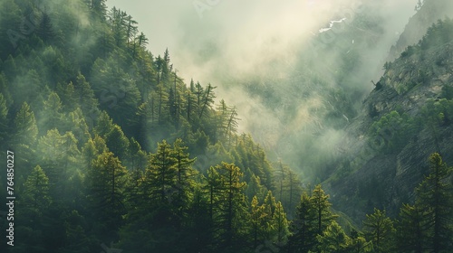 Misty forest in the mountains.