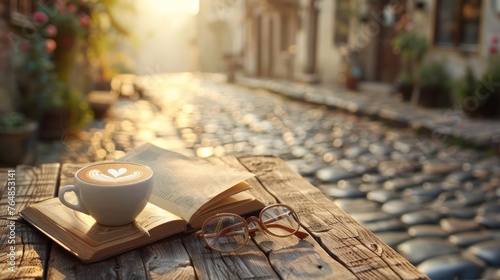 An early morning scene at a quaint street-side cafÃ©, with a perfectly crafted cappuccino resting on a rustic wooden table.