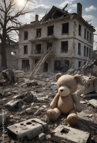 A lone teddy bear sits amidst the ruins, an evocative symbol of lost innocence in a world torn apart. The ruinous backdrop creates a moving narrative of solitude and the echoes of a once vibrant life