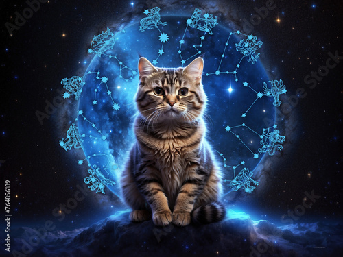 zodiac signs with blue nebula and beautiful tabby cat like mystic astrology concept 