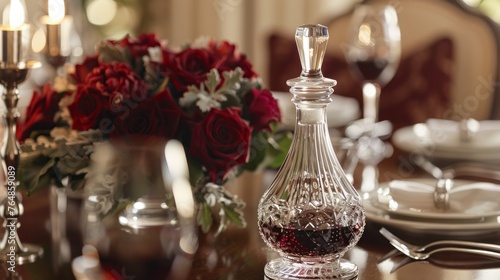 An intimate dinner party in a modern dining room, where a host decants an aged Merlot into a crystal decanter, letting it breathe. 