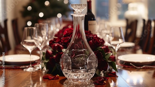 An intimate dinner party in a modern dining room, where a host decants an aged Merlot into a crystal decanter, letting it breathe. The table is set with fine china and silver.