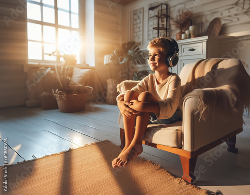 Junge Heranwachsender sitzt barfuß lächelnd auf Sessel Couch helles Wohnzimmer genießt was er hört Musik Gefühle freudig Spaß träumend Rückzug emotional Erholung glücklich geerdet ausgeglichen ruhig 