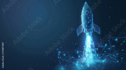 Rocket launch with graph growing up. Low poly style design. Business startup concept. Blue geometric background. Solid wireframe light connection structure Modern 3D graphic illustration.