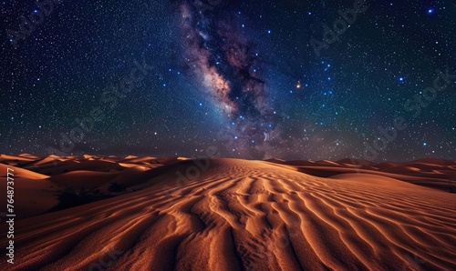 Milky Way galaxy arcing over a tranquil desert landscape at night