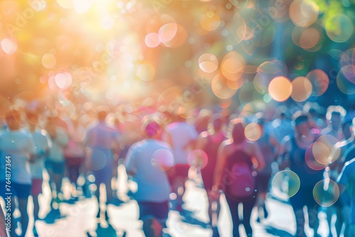 Group of people participating in charity walkrun event with World Health Day bokeh background. Concept Charity Event, Health Day, Group Activity, Walk/Run, Bokeh Background