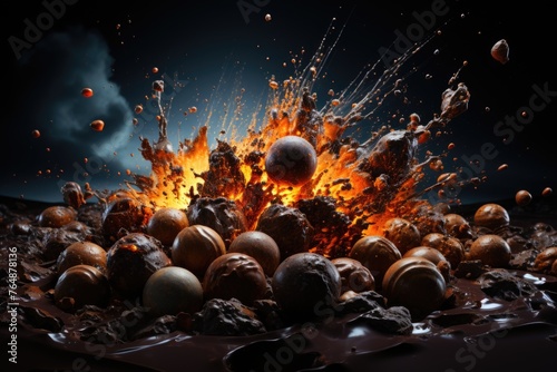 Bombons in the middle of the massive explosion of dark chocolate, particles and sp, generative IA
