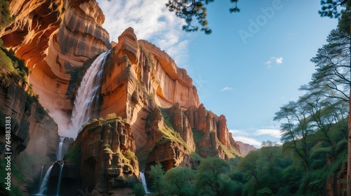 Majestic Waterfall in Sandstone Canyon: A Serene Landscape of Natural Wonders