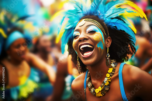 Joyful woman at colorful carnival celebration with a beaming smile, adorned with a feathered headdress and festive makeup. Concept traditional costume, dance and music, cultural diversity, celebration
