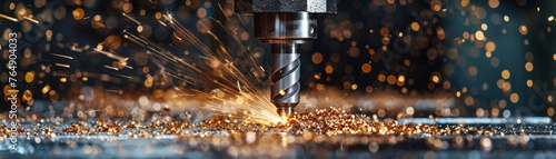 Close-up image of a drill press working on drilling through a steel surface with the focus on the metallic debris produced.